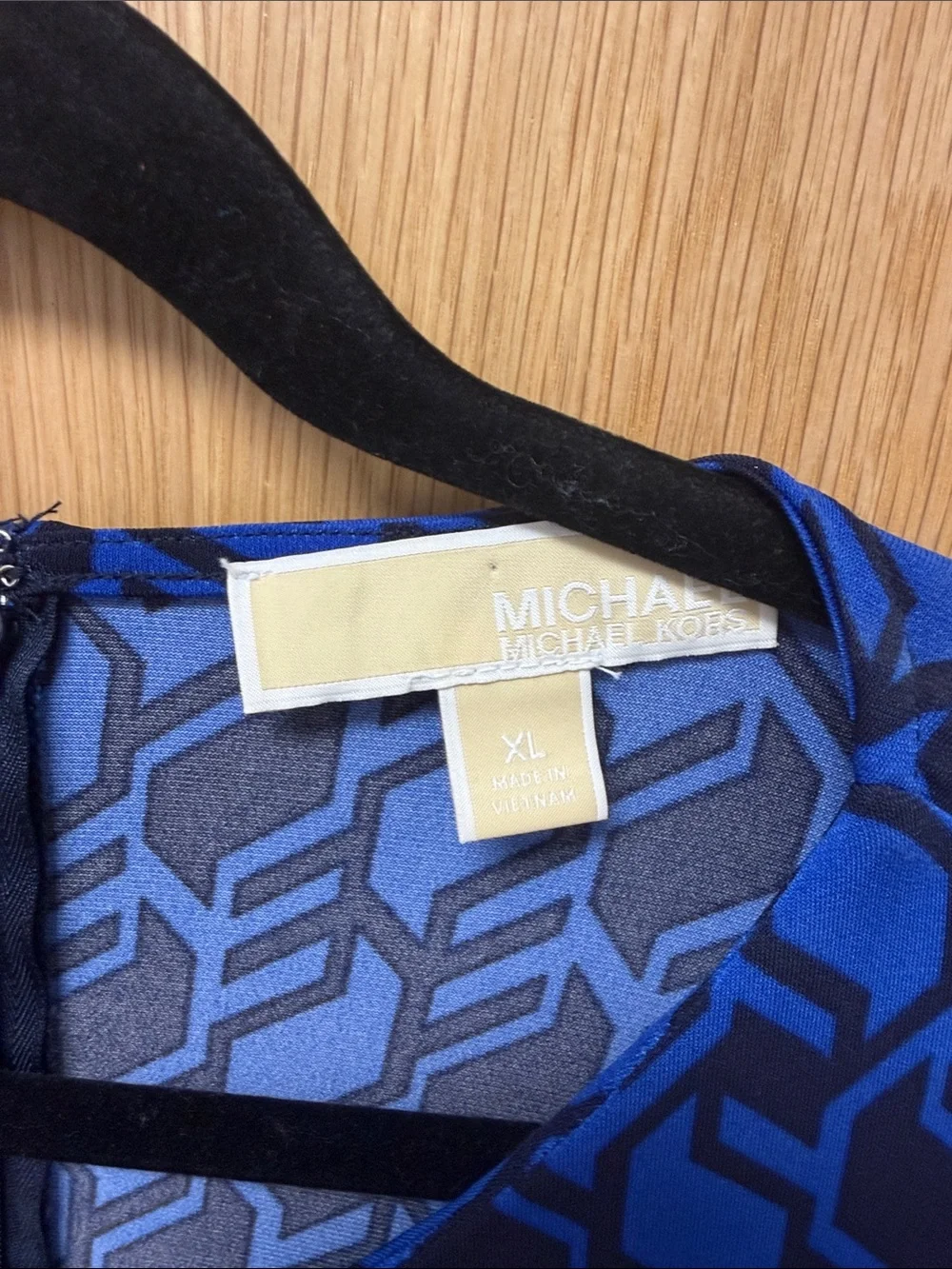 Michael Kors Royal Blue and Black Geometric Long-Sleeve Draped Waist Dress XL